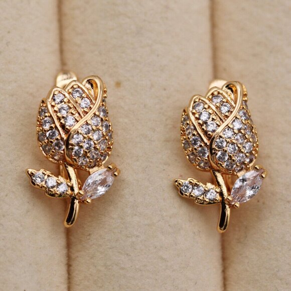 18K Yellow Gold Filled Carved Rose Flower Leaf Diamond Zircon Earrings Gorgeous - Picture 3 of 5